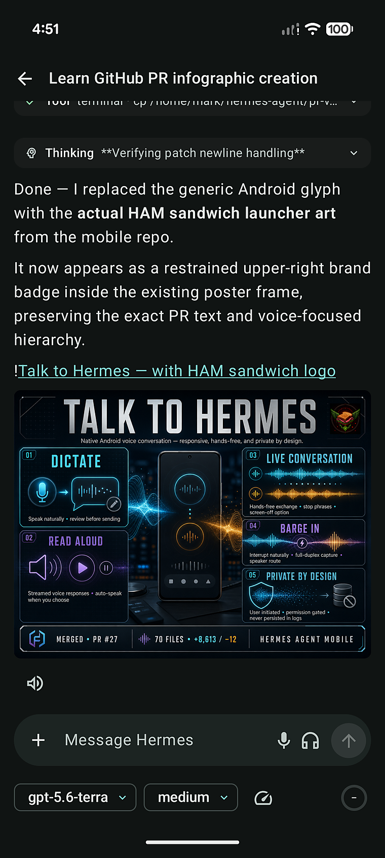 A live HAM agent session: session title, a terminal tool card, a collapsible Thinking block, streamed markdown, and an inline-rendered image artifact, with the mic/voice composer below.