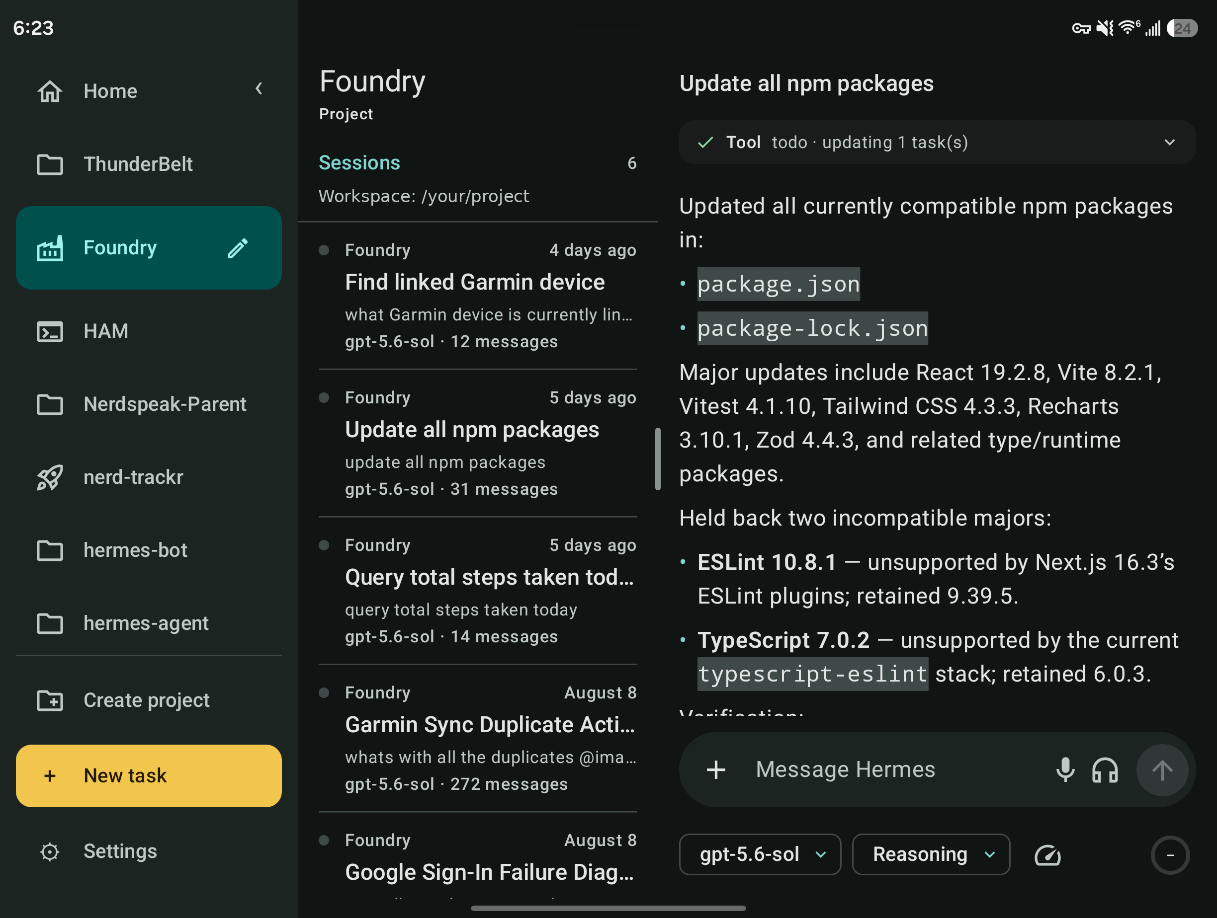 HAM running on an unfolded Samsung Fold in a three-pane layout with project navigation, a session list, and a live agent workspace.