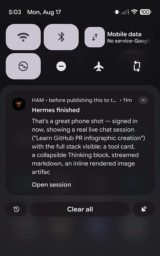 The Android notification shade showing HAM's 'Hermes finished' notification with the assistant's reply text and an Open session action.